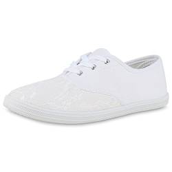 VAN HILL Damen Sneaker Low Flache Schuhe Sommer Schnürer Bequeme Freizeitschuhe Spitze Stoffschuhe Schnürschuhe 212446 Weiss 37 von VAN HILL