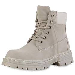 VAN HILL Damen Worker Boots Blockabsatz Plateau Vorne Bequem Schuhe 840542 213093 Beige 37 von VAN HILL