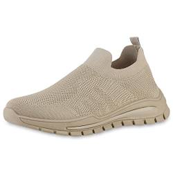 VAN HILL Herren Slip Ons Sportschuhe Flache Strick Schuhe Sportliche Profilsohle Turnschuhe Freizeit Stoffschuhe 212169 Beige 41 von VAN HILL