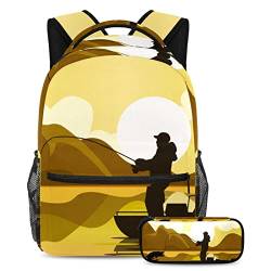 VAPOKF Schulranzen-Set für Teenager, Mädchen, Jungen, Schüler-Büchertasche, Rucksack mit Federmäppchen für die Schule – Mann Angeln eine Muskie Fisch Silhouette, multi, Einheitsgröße, Schulranzen-Sets von VAPOKF