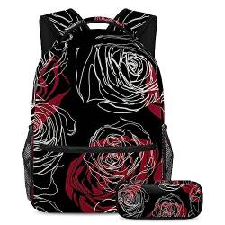 VAPOKF Schulranzen-Set für Teenager, Mädchen, Jungen, Schüler-Büchertasche, Rucksack mit Federmäppchen für die Schule – Rosenblüten auf Schwarz, multi, Einheitsgröße, Schulranzen-Sets von VAPOKF