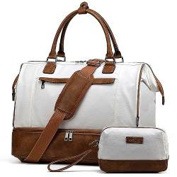 Reisetasche für Dame, Vaschy 17 Zoll Leinwand Unter Sitzbeutel Weekender Overnight Duffel Tote Bag mit Trolly -Ärmel Schuhfach Toilettenbeutel für Reisen Fitnessstudio Beige Brown von VASCHY