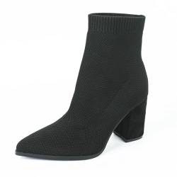 VAVENI Damen gestrickte Schlankheitsstiefel, dicke Absatz spitze kurze Stiefel, High Heels Mode Stiefel, mit einer Höhenerhöhung von 8cm von VAVENI