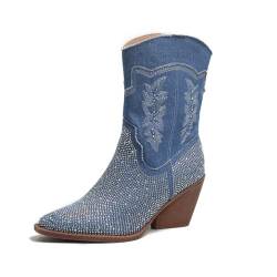 VAVENI Damen spitze Cowboystiefel mit Strass Dekoration Mode Stiefel, Western Cowboystiefel, modische dicke Absatzlederstiefel von VAVENI