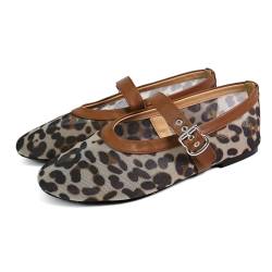 VBDB Netz-Ballerinas für Damen, runde Zehenschnalle, Riemen, breite Breite, flache Netzschuhe, lässige Ballerina-Schuhe, Leopard, 38.5 EU von VBDB