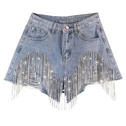 VBEDKDEB Damen High Waist Basic Jeansshorts Bequeme Kurze Jeans Hosen Destroyed Zerrissen Denim Shorts Jeans Ripped Hippie Hot Pants mit Strassbesetzte Quaste (Blue, L) von VBEDKDEB