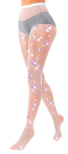 VEBZIN Holografische Strass, glitzernde Strumpfhose, Fischnetzstrümpfe, V-Stil, Netzstrumpfhose für Damen, Weiss/opulenter Garten, Einheitsgr��e von VEBZIN