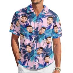 VEELU Personalisiert Hawaii Hemd Herren Kurzarm mit Gesicht Foto Funky Hawaiihemd für Männer Sommer Flamingos Blume Bedruckter Strand Beilaufig Hawaii Hemdt für Freund, Ehemann, Vater von VEELU