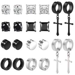 10 Paar Edelstahl Magnet Ohrringe für Herren Damen Creolen CZ Magnet Nicht Durchdringende Clip Kreuz Creolen Ohrringe Nickelfrei Tunnel Ohrclips Non Piercing Ohrringe Set Schwarz A von VELESAY