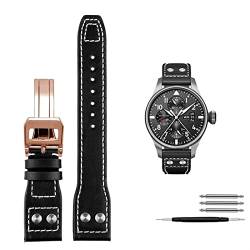 VELORE Echte Ledernieten Uhrenband für Iwc Big Pilot Spitfire Cowhide Faltschnalle Watch Männer Riemen 21mm 22 mm(Black rose gold,21mm) von VELORE