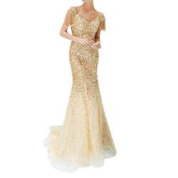 VEMOW Damen Abendkleid Gold Paillettenkleid Sexy V-Ausschnitt Spaghettikleid Lang Ballkleid Glitzer Kleid Damen Elegant Cocktail Abendkleider (X3-A, M) von VEMOW