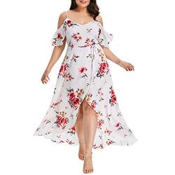 VEMOW Plus Size Elegante Damen Frauen Casual Kurzarm Kalt Schulter Boho Blumendruck Casual Täglichen Party Strand Langes Kleid Schulterfrei Strandkleid (Weiß, 46 DE/XL CN) von VEMOW