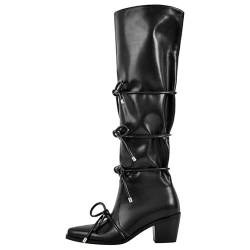 VERISSON Damen Cowboy Stiefel Westernabsatz Knee High Boots mit Schleife Westernstiefel Lederimitat Schwarz 37 EU von VERISSON