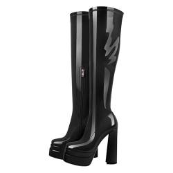 VERISSON Damen Plateau Stiefel Blockabsatz Knee High Stretch Boots Zipper Kniestiefel High Heels mit Reißverschluss Lack Schwarz 37 EU von VERISSON