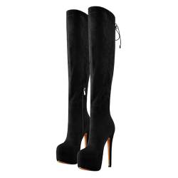 VERISSON Damen Plateau Stiefel Pfennigabsatz Overknee Boots Schnürstiefel Überknie Elegante Damenschuhe Velousoptik Schwarz 38 EU von VERISSON