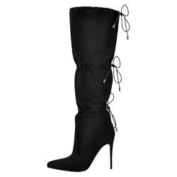 VERISSON Spitze Stiefel Damen Overknees Boots mit Kordelzug Schlupfstiefel Stiletto Absatz Veloursoptik Schwarz 37 EU von VERISSON