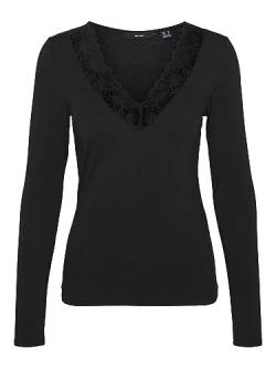 VERO MODA Damen Bluse Slim Fit V-Ausschnitt Spitzen-Detail Basic Langarm, Farben:Schwarz, Größe:S von VERO MODA