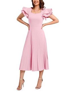 VERWIN Kurzarm Square Neck Damen Maxikleid Casual Rüschen Ärmel Ballkleid Plissee Dehnbares Kleid, Rosa, L von VERWIN