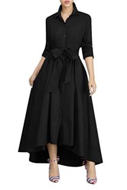 VERWIN Langärmeliges Damen-Maxikleid, locker, elegant, Knopfleiste, langes Kleid mit Taschen und Gürtel, Schwarz, X-Groß von VERWIN