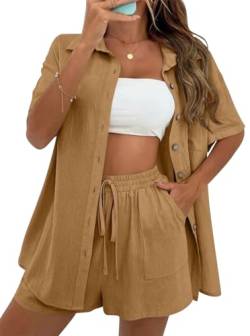 VEVESMUNDO Damen Sommer Kurzarm Musselin Bluse Hemd Und Shorts Zweiteiler Kurz Set Baumwolle Strand Outfit Set Gr.36 38 40 42(Hellbraun,S) von VEVESMUNDO