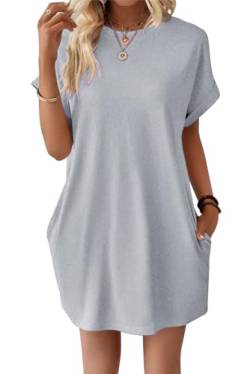 VEVESMUNDO Damen Sommer Kurzarm Shirtkleide T-Shirt Tunika Kurz Kleid Sommerkleid Strandkleid Freizeitkleider mit Taschen (Grau,L) von VEVESMUNDO