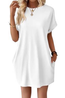 VEVESMUNDO Damen Sommer Kurzarm Shirtkleide T-Shirt Tunika Kurz Kleid Sommerkleid Strandkleid Freizeitkleider mit Taschen (Weiß,XL) von VEVESMUNDO