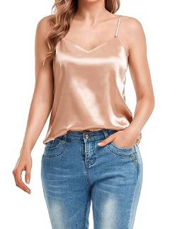 VIDUSSA Damen V-Ausschnitt Satin Cami Tank Top Seidentop Shirt Ärmellose Blusen Sommer Oberteile Champagne S von VIDUSSA