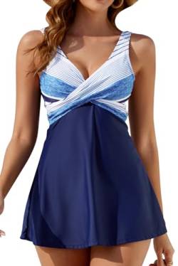 VILOREE Damen Badeanzug Bauchweg Badekleid Bademode Zweiteilig Tankini Set Große Größen Frauen Rock Mit Short Navy & Weiss Streifen XXL von VILOREE