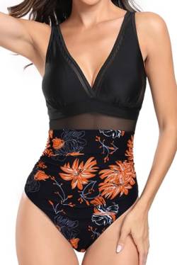 VILOREE Sexy Damen Mesh Badeanzug Einteiler Bademode V Ausschnitt Monokini One Piece Bauchkontrolle Blumen-1 XL von VILOREE