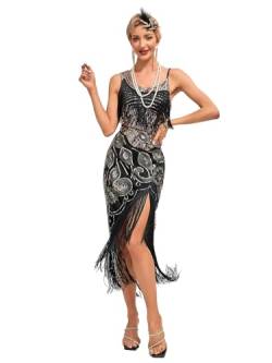 VILOREE Sexy Damen Paillettenkleid Tanzkleid Ärmellos Bodycon Ballsaal Kleider Club Outfits mit Quasten Fransenkleid Glitzer Kleid Rückenfrei Schwarz & Gold 2XL von VILOREE