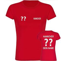 VIMAVERTRIEB® Damen T-Shirt Hannover - Trikot mit Deinem Namen und Nummer - Druck: weiß - Frauen Shirt Fußball Fanartikel Fanshop - Größe: L rot von VIMAVERTRIEB