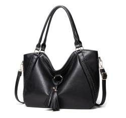 VINBAGGE Damen Handtasche Leder Henkeltasche Top Griff Tasche Vintage Weiches Umhängetasche Schultertasche für Frauen Arbeit Schule Shopper Reise - Schwarz von VINBAGGE