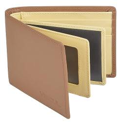 VISOUL Slim Bifold Wallet für Damen und Herren mit 4 ID Windows 8 Kartenfächer 1 Bargeldfach Leder Kreditkartenetui Geldbörse zweifarbig mit RFID-Blockierung, Braun und Gelb, Casual von VISOUL