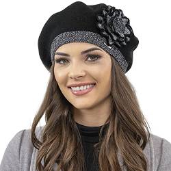 VIVISENCE Elegante Für Damen Winter Baskenmütze Aus Warmem Mischung Mit Femininer Blumen Applikation Im Klassischen Stil Perfekt Für Kalte Herbst Und Wintertage, Schwarz,Einheitsgröße von VIVISENCE