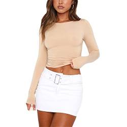 Damen Rundhals Langarm T-Shirt Y2K Sexy Crop Top Bluse Oberteile Slim Fit Basic Casual Longshirt Tops (Beige 872G, Medium) von VOCAOGM