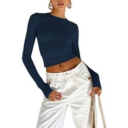 Damen Rundhals Langarm T-Shirt Y2K Sexy Crop Top Bluse Oberteile Slim Fit Basic Casual Longshirt Tops (Blue 030C, Medium) von VOCAOGM