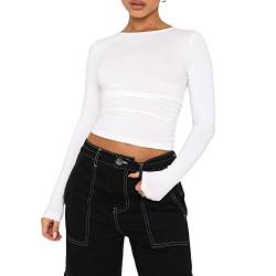 Damen Rundhals Langarm T-Shirt Y2K Sexy Crop Top Bluse Oberteile Slim Fit Basic Casual Longshirt Tops (White 050D, Medium) von VOCAOGM