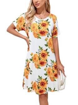 Sommerkleid Damen Knielang Casual T-Shirt Midikleid Kurzarm Loose Swing Freizeitkleid Jersey Dress Blumen Sonnenblume Weiß XL von VOGMATE