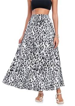 VOGMATE Rock Lang Damen Elegant A Linie Röcke Elastische Taille Freizeitrock Maxirock Mit Kordelzug Leoparden Long Skirt SchwarzgrauXXL von VOGMATE