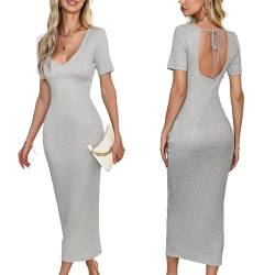 VOGMATE Strickkleid Damen Lang Sexy Rückenfreie V Ausschnitt Bodycon Dress Eng Kleider Cocktailkleid Elegant Casual Dresses Lichtgrau M von VOGMATE