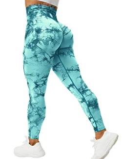 VOYJOY Tie Dye Nahtlose Leggings für Frauen Hohe Taille Yogahose, Scrunch Butt Lifting Elastische Strumpfhosen, #1 Blaugrün, X-Groß von VOYJOY