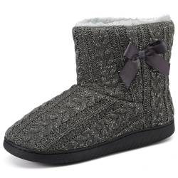 VTASQ Hausstiefel Damen Pantoffeln Winter für Frauen Wärme Gestrickte Gefüttert Hausschuhe Plüsch Slipper Feste Sohle rutschfest Flacheschuhe Grau 37/38 von VTASQ