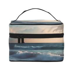 VTCTOASY Make-up-Tasche für Damen, Motiv: Strand bei Sonnenuntergang, tragbare Kulturbeutel, große Kapazität, Reise-Kosmetiktasche für Outdoor-Reisen, Schwarz, Einheitsgröße, Schwarz , Einheitsgröße von VTCTOASY