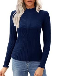 VVK Damen-Pullover 2024 Herbst Rollkragen Langarm Strickpullover gerippt Slim Fit Basic Thermo Casual Outfits, Marineblau, Groß von VVK