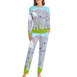 VYJLOO Elefant Damen Schlafanzug Lange Pyjama Set Zweiteiliger Nachtwäsche Langarm Hausanzug Sleepwear von VYJLOO