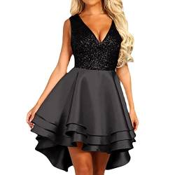 Frauen hohe niedrige Satin Kurze Abschluss Ball Kleider hohe Taille Pailletten Satin V-Ausschnitt A-Linie Swing Prom Kleider Funkelnde Hochzeits-Party-Kleider (Schwarz,XL) von Vagbalena