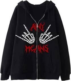 Vagbalena Print Zip Up Hoodie Frauen Männer Vintage Grafik Ästhetischen Sweatshirt Y2k Paar Jacke Harajuku Goth Streetwear (Schwarz,M) von Vagbalena