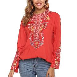 Vakakado Mexico Frauen böhmische Besticktes Shirt Folklore Blumen Tunika Top Boho Blusen 3/4 Ärmel V-Ausschnitt (S, 101-Rot) von Vakakado