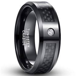 Vakki Partnerringe Wolfram 8mm Schwarz Kohlefaser Ring mit Zircon Herren Damen Verlobungsringe Eheringe Größe 59(18.8) von Vakki