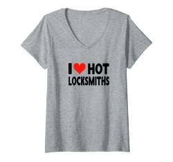 Damen I Love Hot Locksmiths – Herz-Schlösser, Tresore, Türen T-Shirt mit V-Ausschnitt von Valentine Anniversary Apparel for Men Women by RJ